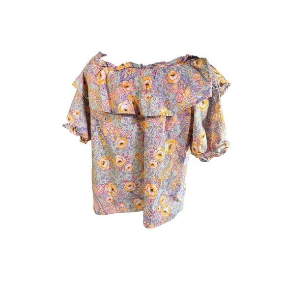Good Luck Gem Floral Ruffled Blouse 100% Cotton Short Puff Sleeves Boho Chic - Picture 3 of 10